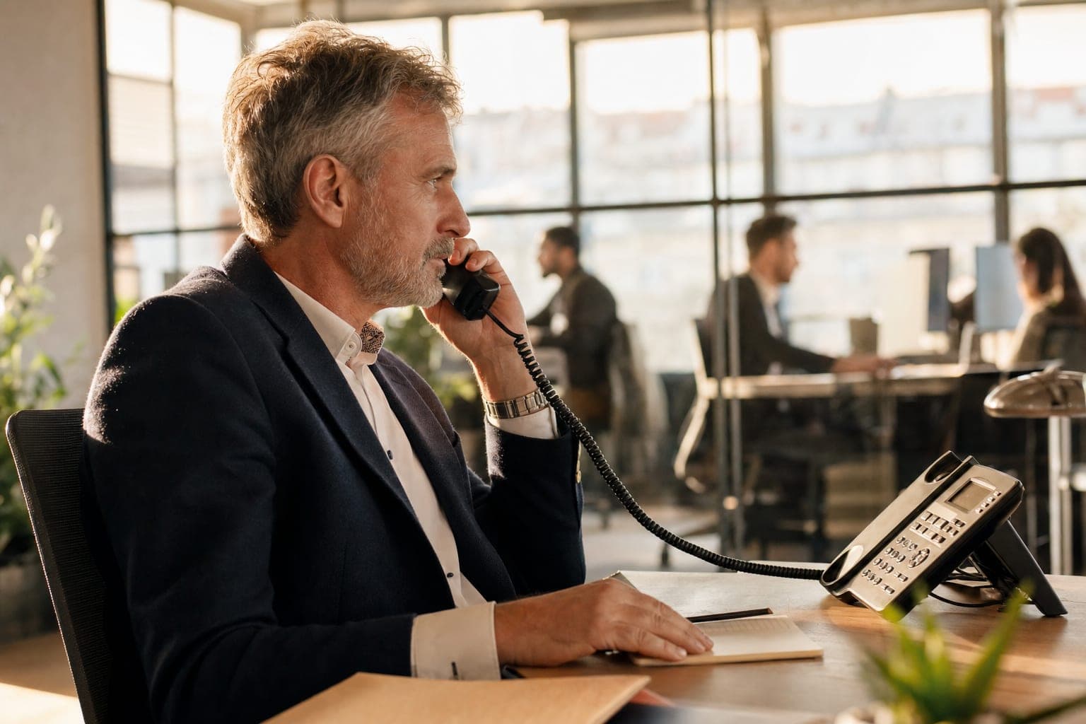 Recruiter im Büro am Telefon, daneben Notizblock und Tischapparat